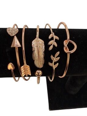 Rose Gold 5pcs Layered Bangle Bracelet Set - Women Jewelry